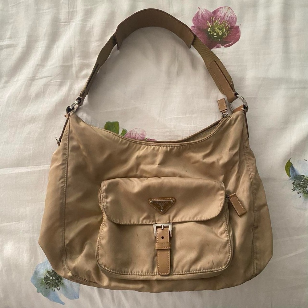 Auth Tan Prada Nylon Shoulder Bag